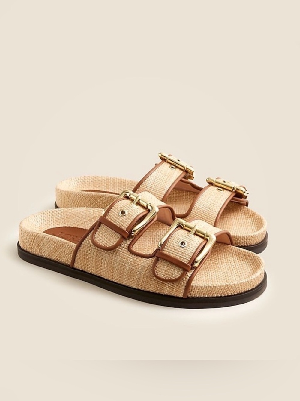 Brand New, J. Crew Woven Raffia Double-Buckle Sandals in Natural and Brown, Sz 8